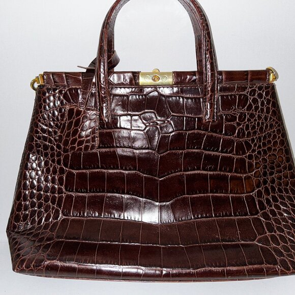 Cognac Embossed Leather Handle Bag, Made in Italy - Picture 1 of 6